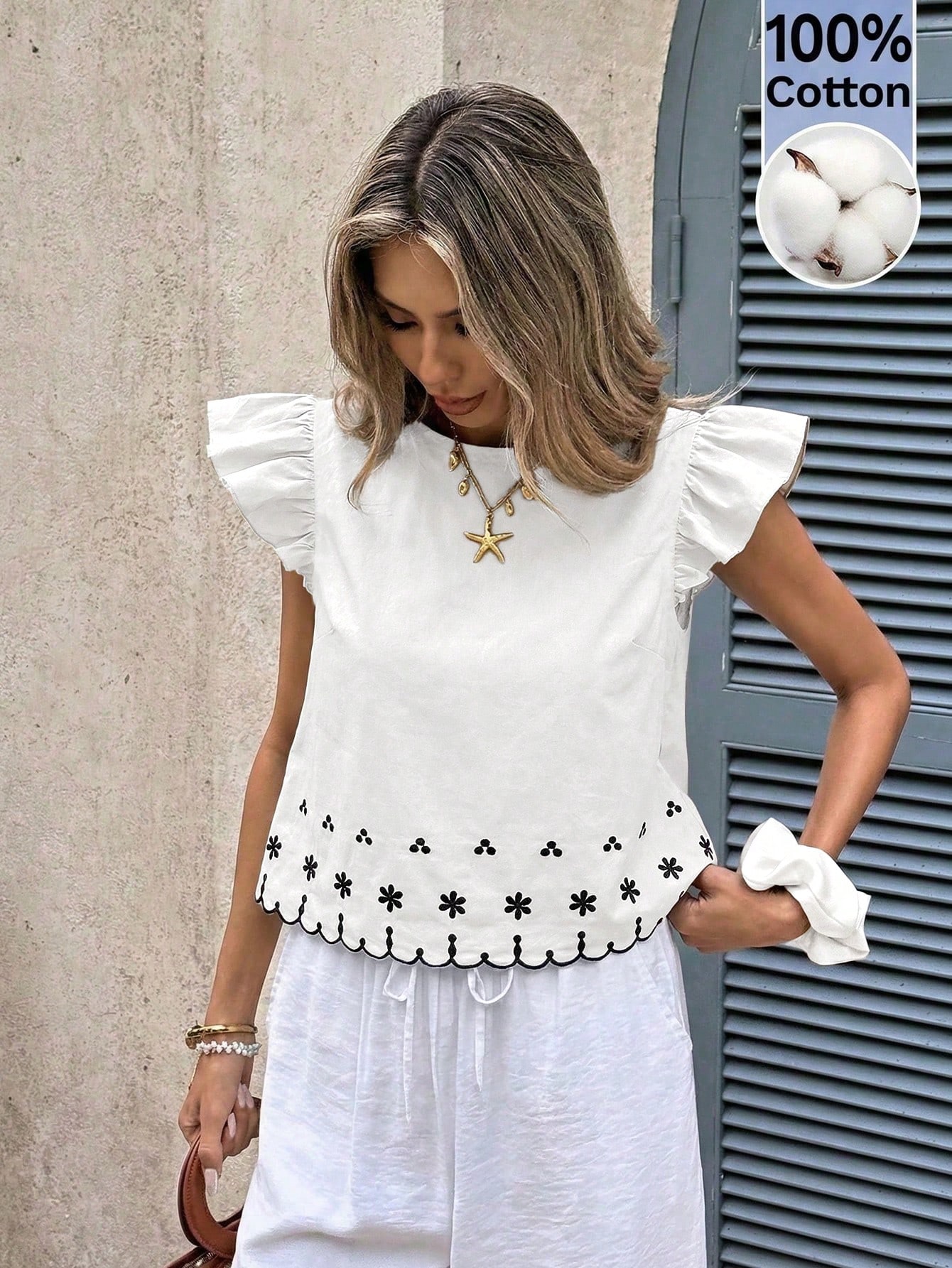 Serisse Blouse d'été décontractée pour femmes en 100% coton avec broderie florale — vue 5
