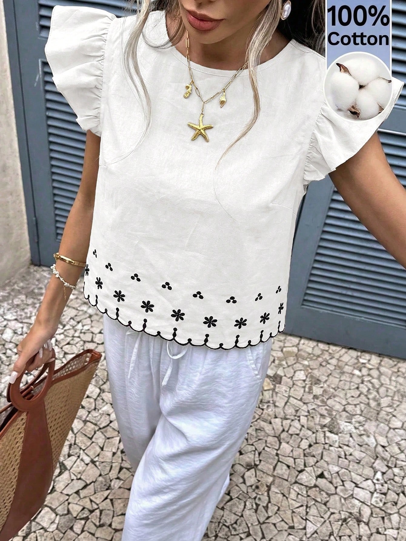 Serisse Blouse d'été décontractée pour femmes en 100% coton avec broderie florale — vue 6