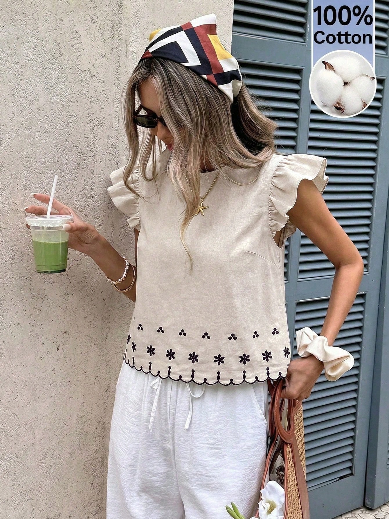 Serisse Blouse d'été décontractée pour femmes en 100% coton avec broderie florale — vue 7