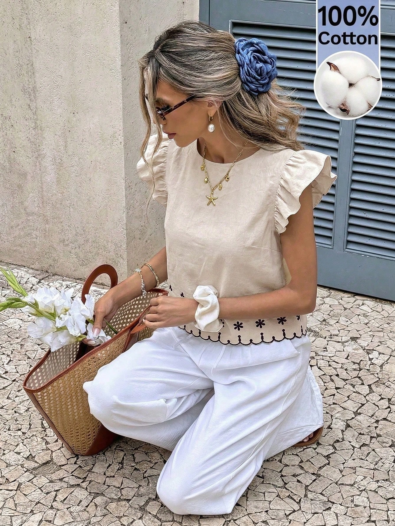 Serisse Blouse d'été décontractée pour femmes en 100% coton avec broderie florale — vue 8