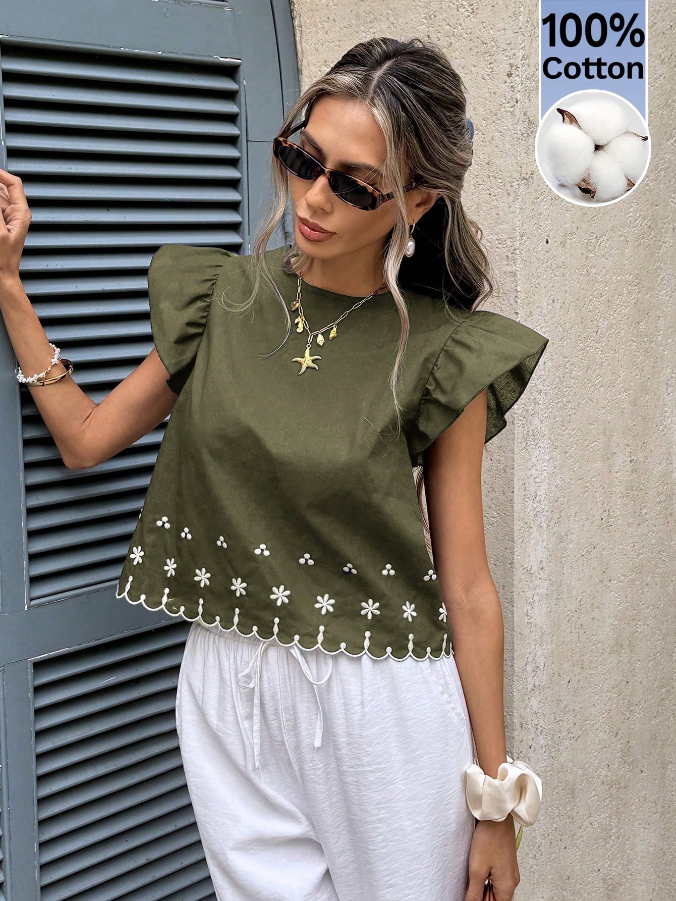 Serisse Blouse d'été décontractée pour femmes en 100% coton avec broderie florale — vue 9