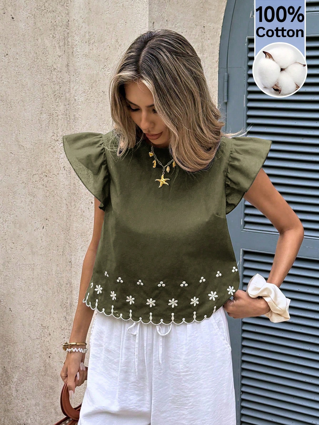 Serisse Blouse d'été décontractée pour femmes en 100% coton avec broderie florale — vue 10