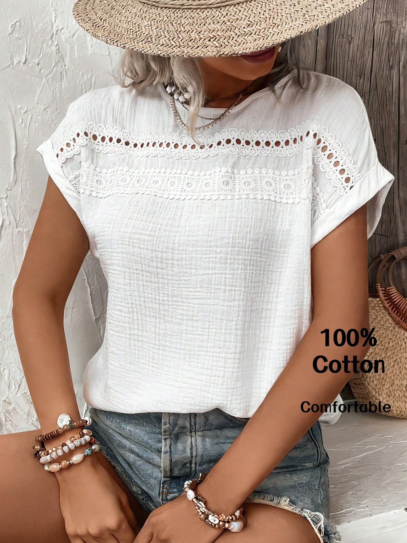 Breezaya Chemise d'été ample à col rond, manches courtes, couleur unie, avec broderie — vue 4
