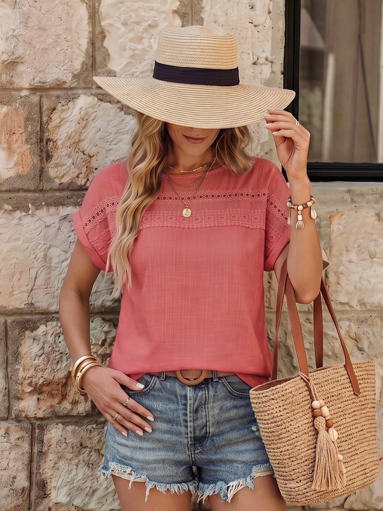Breezaya Chemise d'été ample à col rond, manches courtes, couleur unie, avec broderie — vue 8