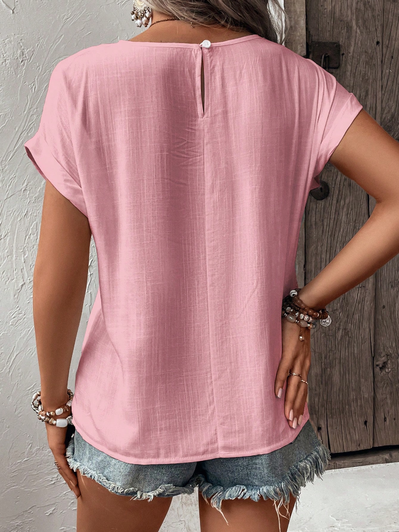 Breezaya Chemise d'été ample à col rond, manches courtes, couleur unie, avec broderie — vue 14