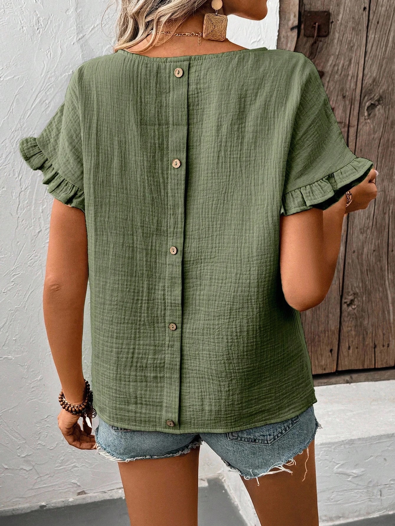 Breezaya Blouse à encolure ras-du-cou unie avec volants, manches courtes,
