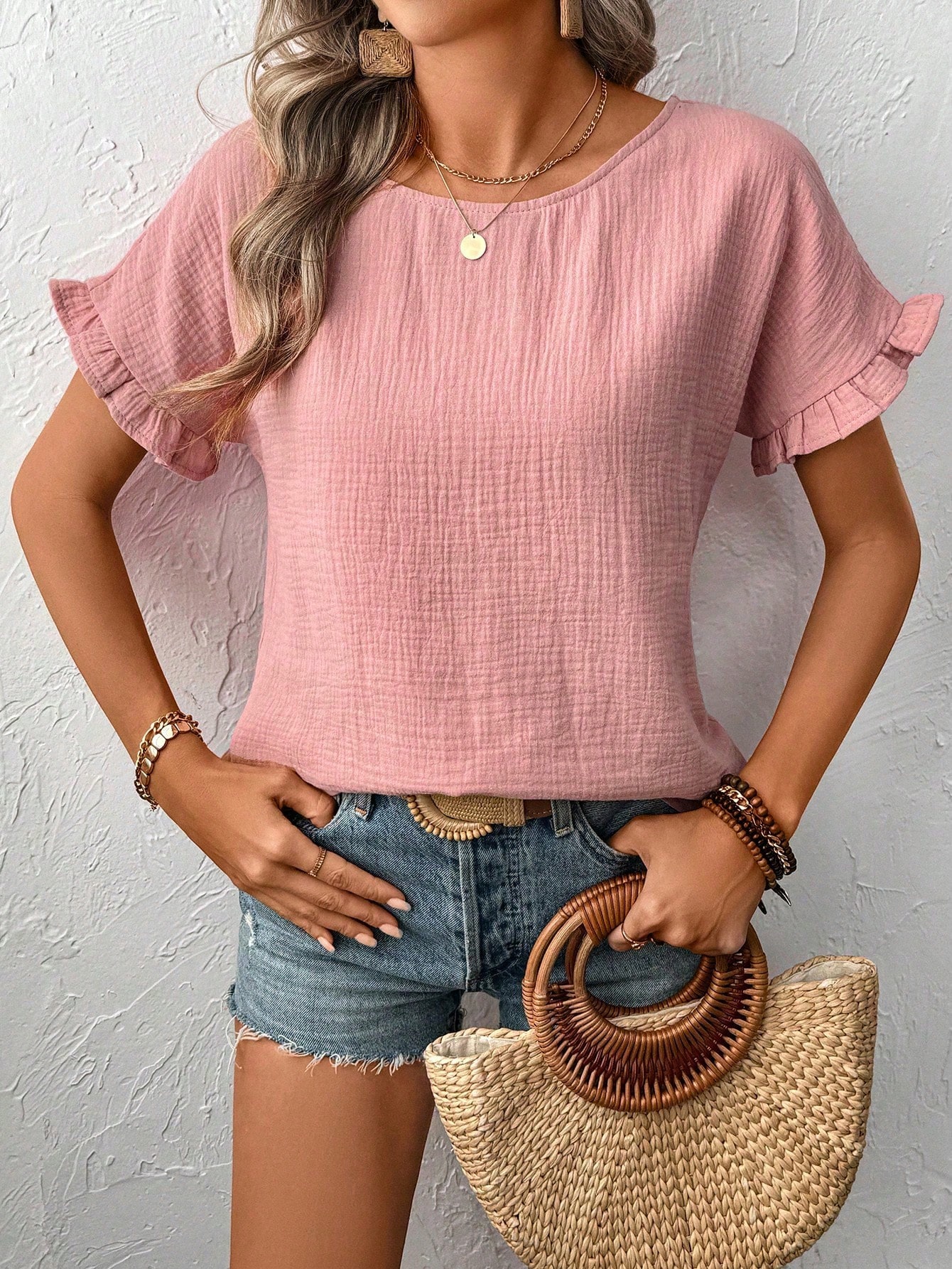 Breezaya Blouse à encolure ras-du-cou unie avec volants, manches courtes, — vue 3