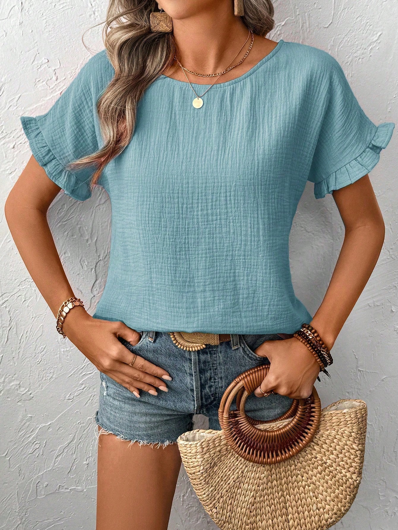 Breezaya Blouse à encolure ras-du-cou unie avec volants, manches courtes, — vue 5