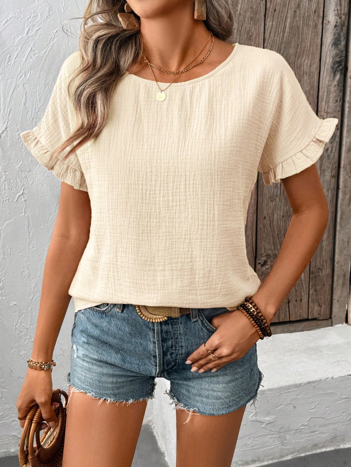 Breezaya Blouse à encolure ras-du-cou unie avec volants, manches courtes, — vue 7