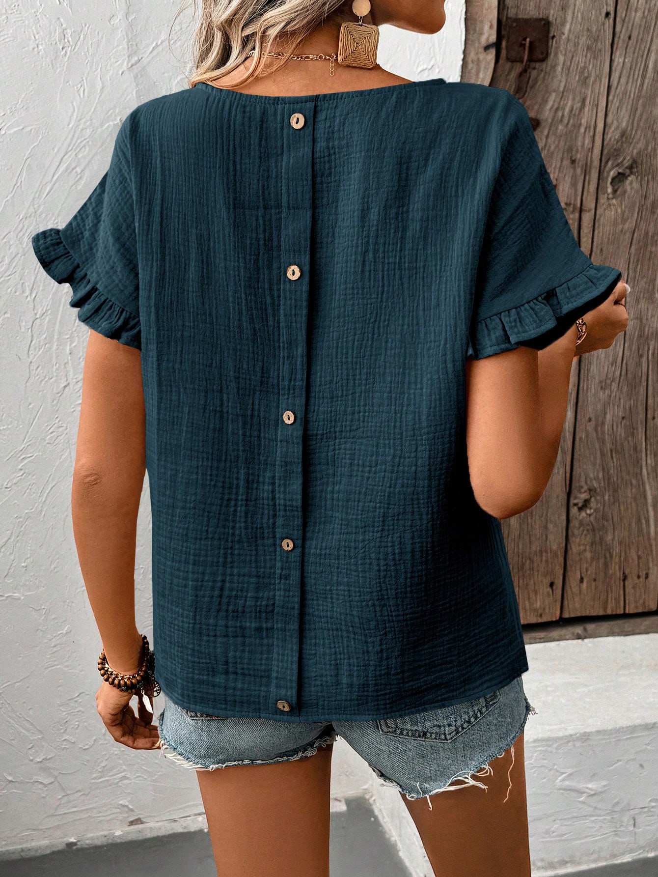Breezaya Blouse à encolure ras-du-cou unie avec volants, manches courtes, — vue 11