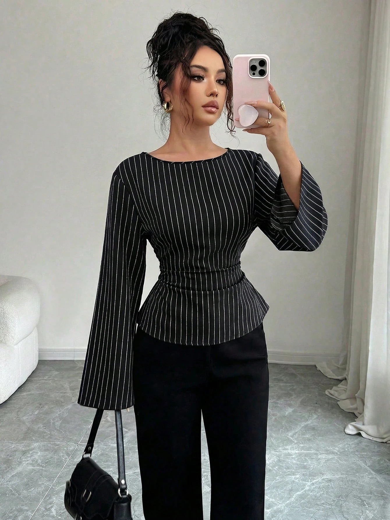 Siren Gaze Blouse à manches évasées avec attache à la taille et rayures