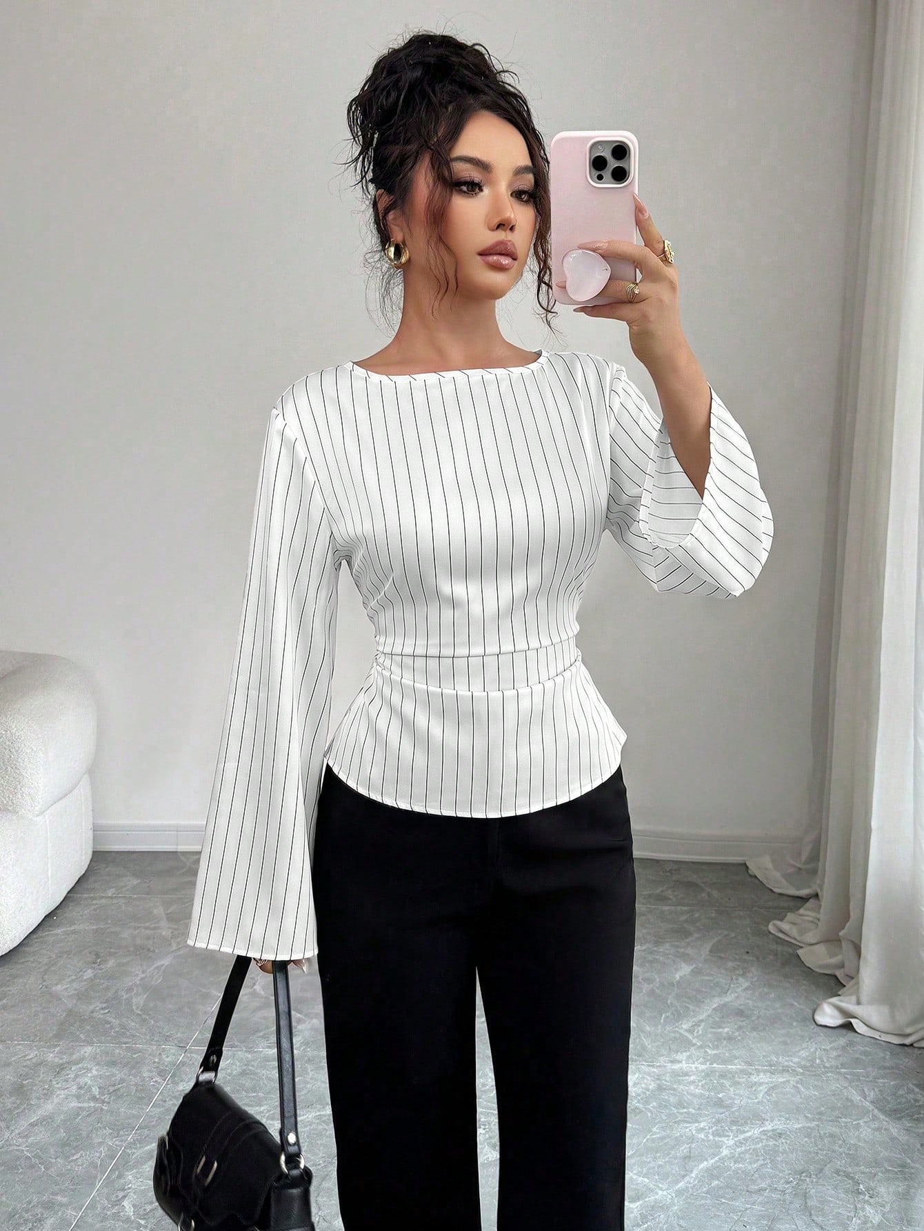 Siren Gaze Blouse à manches évasées avec attache à la taille et rayures — vue 5