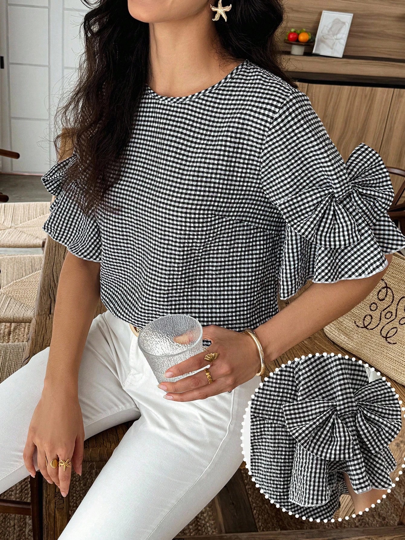 Elouméa Blouse femme à manches cloche et col rond avec nœud décoratif à carreaux, d'été