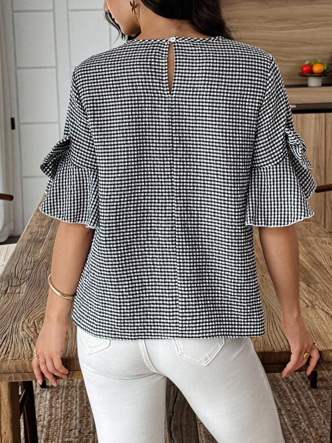 Elouméa Blouse femme à manches cloche et col rond avec nœud décoratif à carreaux, d'été — vue 2