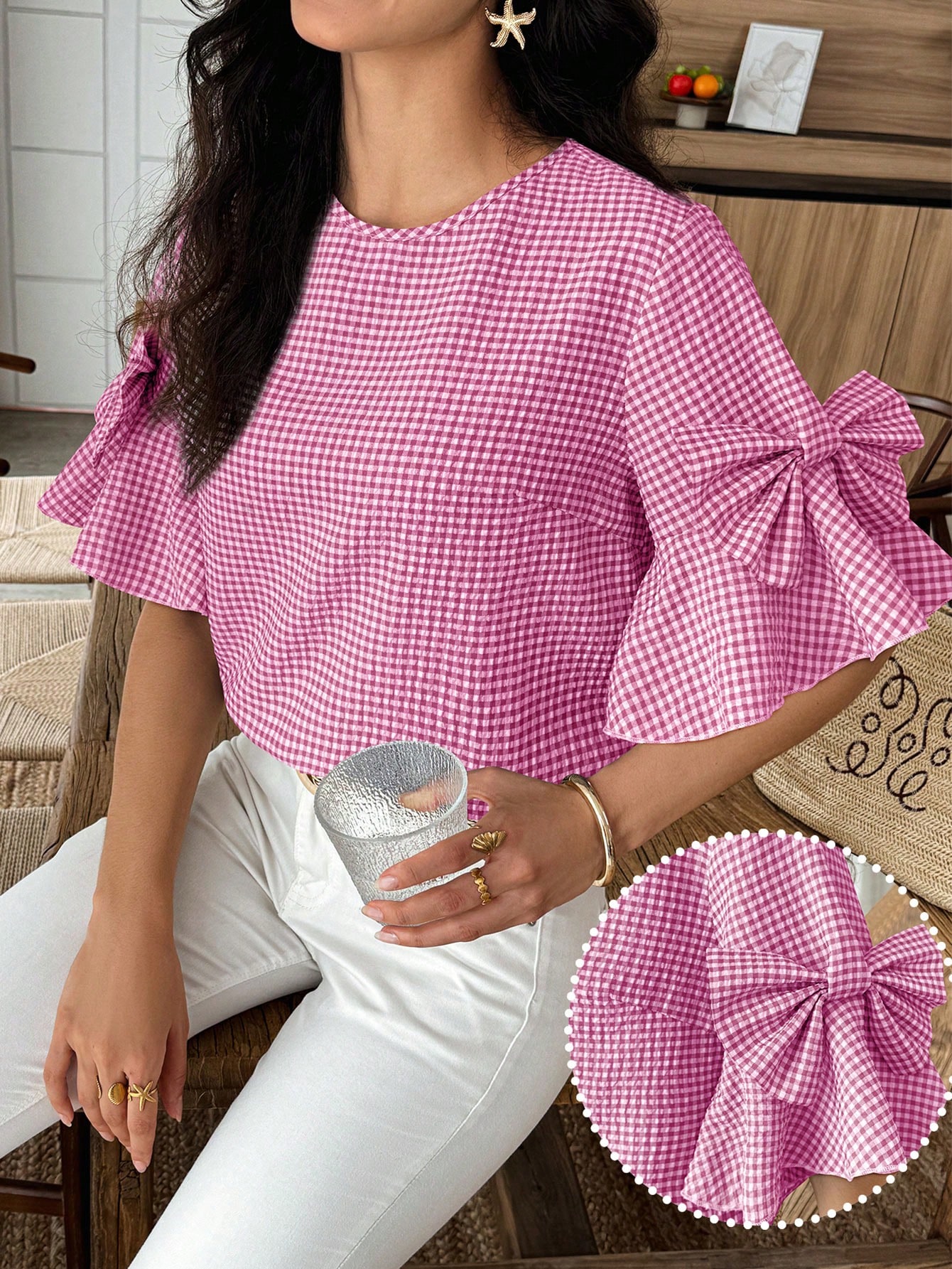 Elouméa Blouse femme à manches cloche et col rond avec nœud décoratif à carreaux, d'été — vue 4