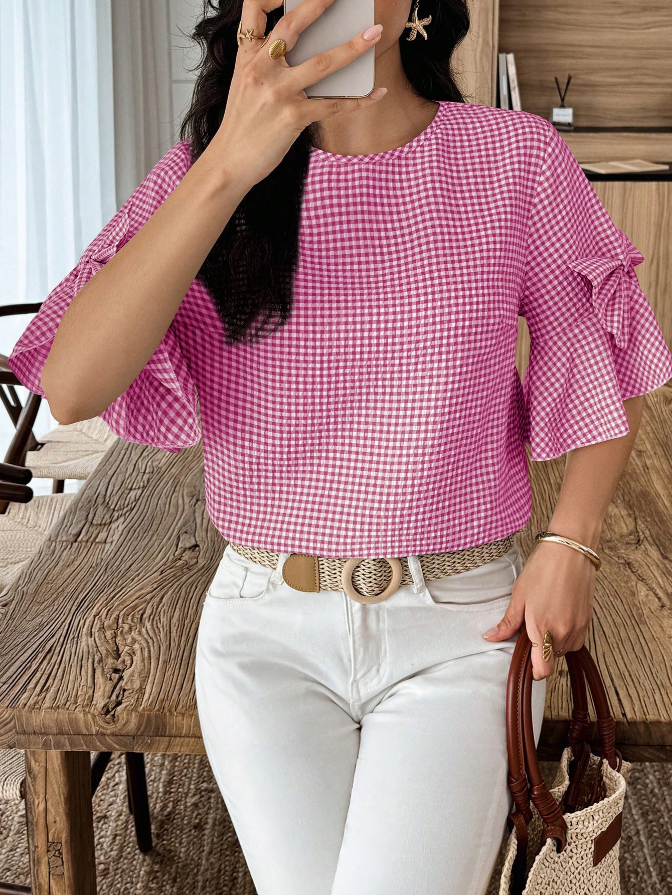 Elouméa Blouse femme à manches cloche et col rond avec nœud décoratif à carreaux, d'été — vue 5