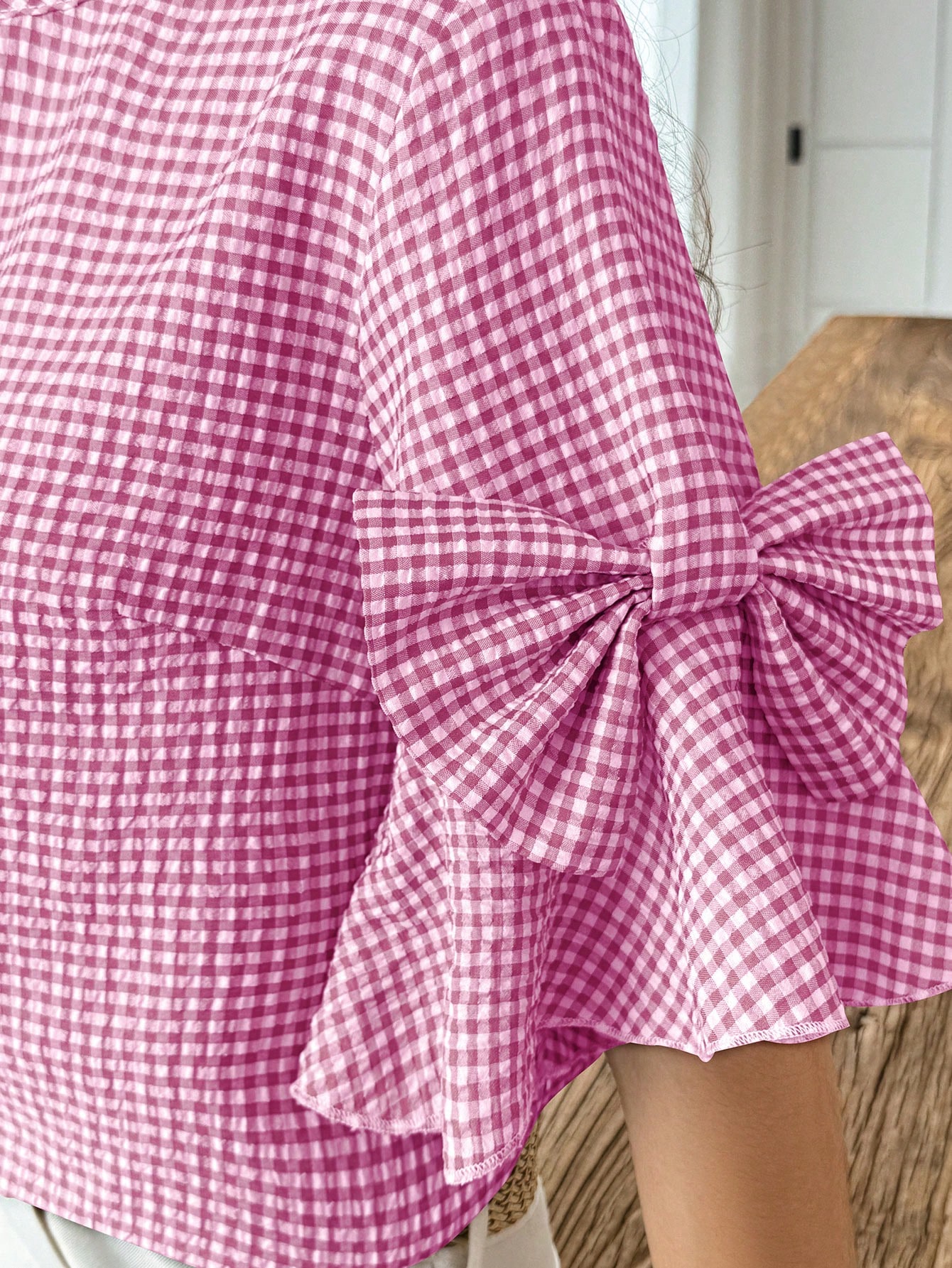 Elouméa Blouse femme à manches cloche et col rond avec nœud décoratif à carreaux, d'été — vue 6