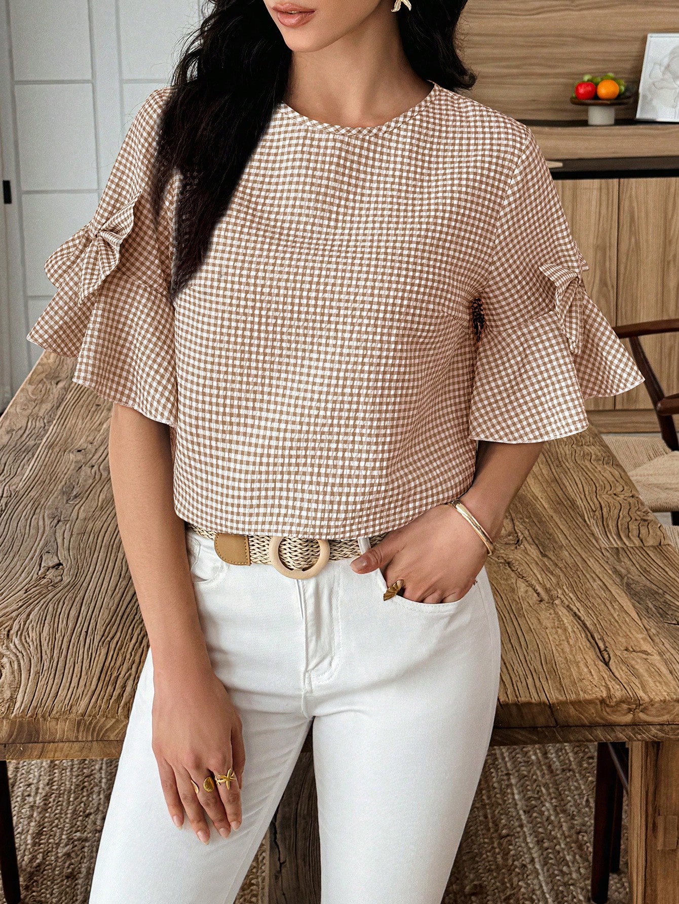 Elouméa Blouse femme à manches cloche et col rond avec nœud décoratif à carreaux, d'été — vue 7