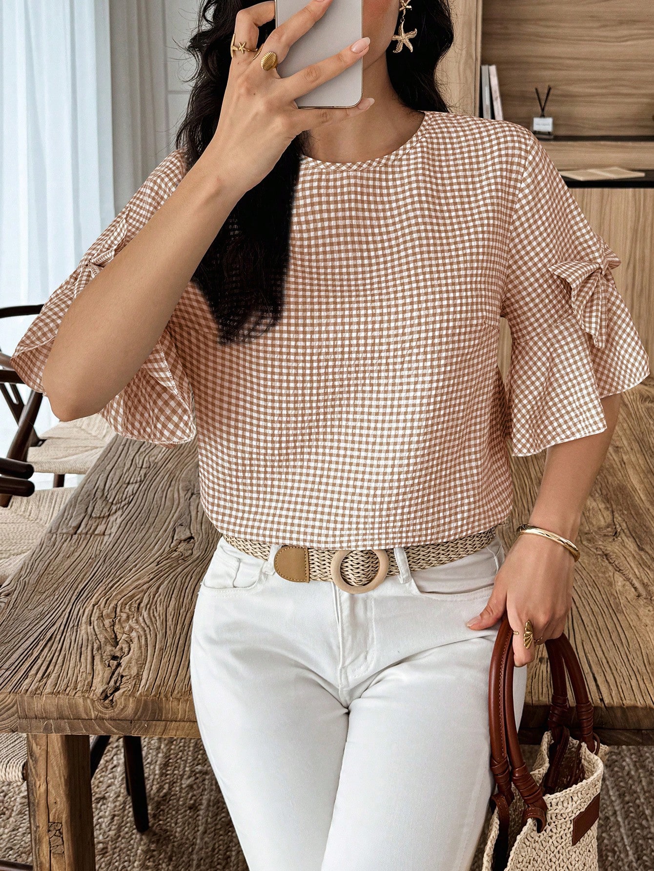 Elouméa Blouse femme à manches cloche et col rond avec nœud décoratif à carreaux, d'été — vue 8