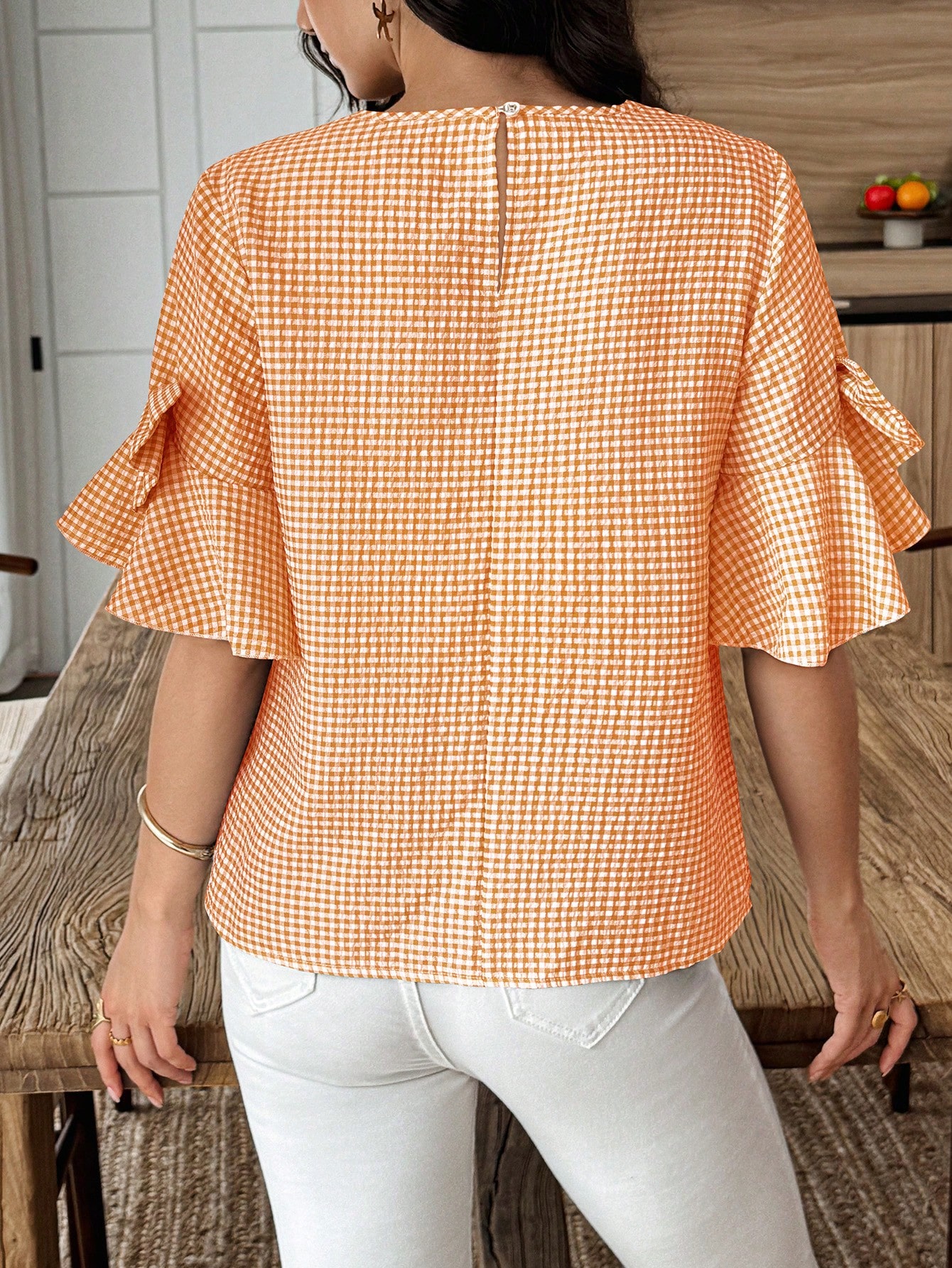 Elouméa Blouse femme à manches cloche et col rond avec nœud décoratif à carreaux, d'été — vue 9