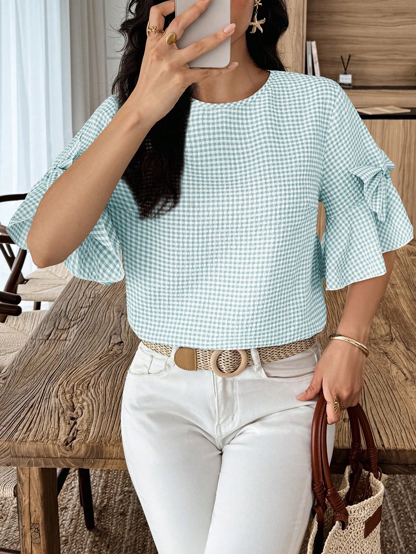 Elouméa Blouse femme à manches cloche et col rond avec nœud décoratif à carreaux, d'été — vue 12