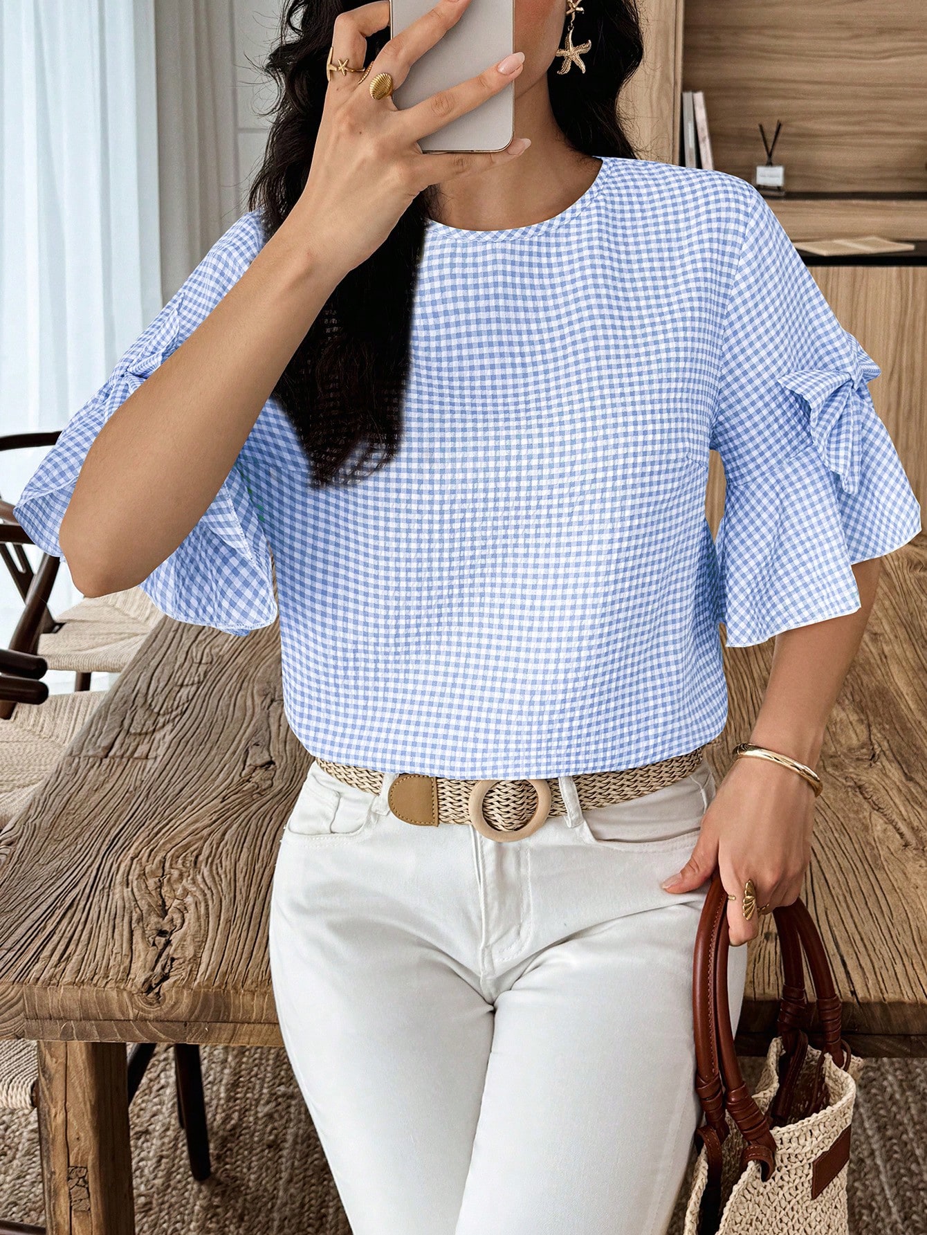 Elouméa Blouse femme à manches cloche et col rond avec nœud décoratif à carreaux, d'été — vue 14
