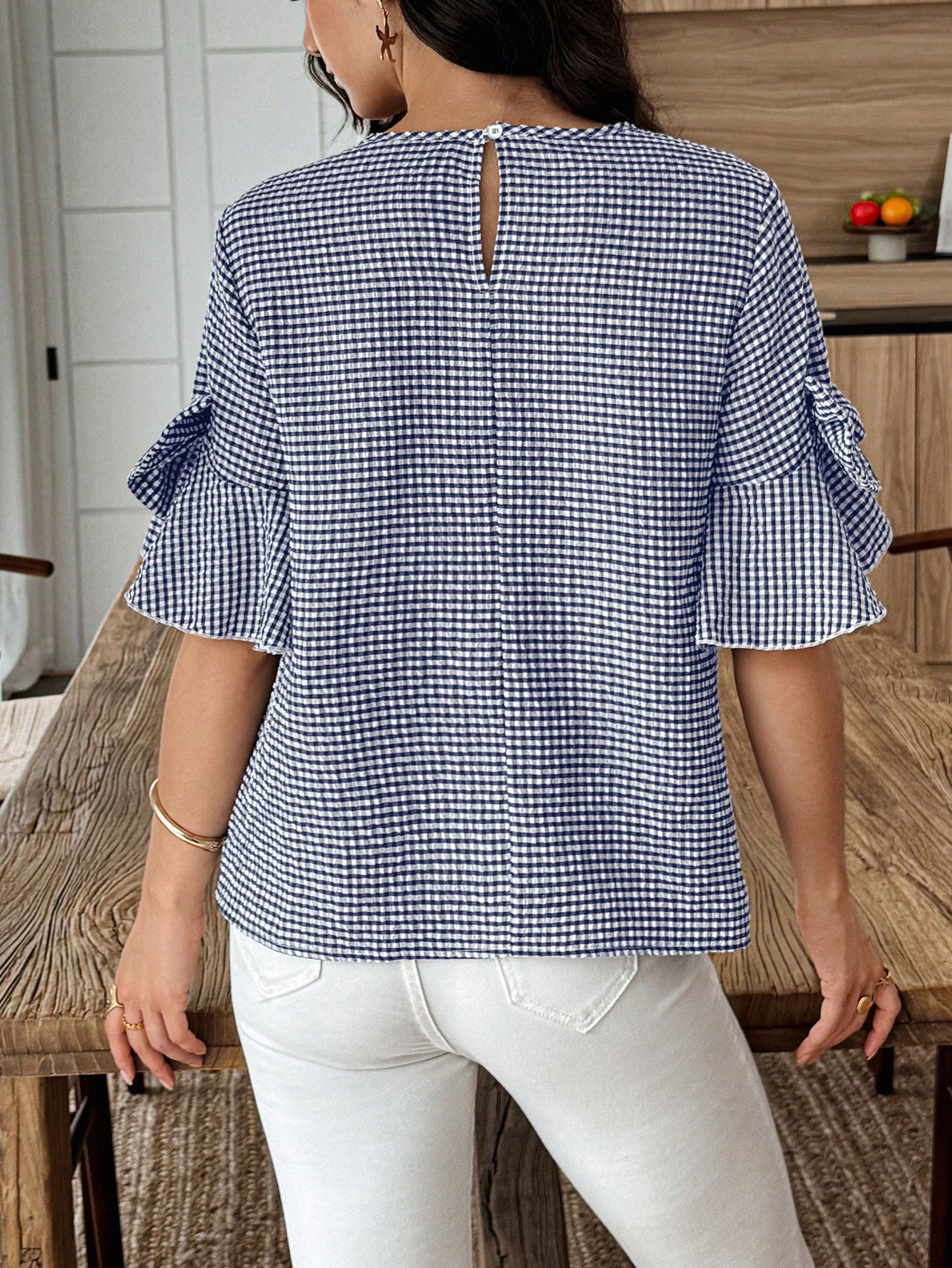Elouméa Blouse femme à manches cloche et col rond avec nœud décoratif à carreaux, d'été — vue 16