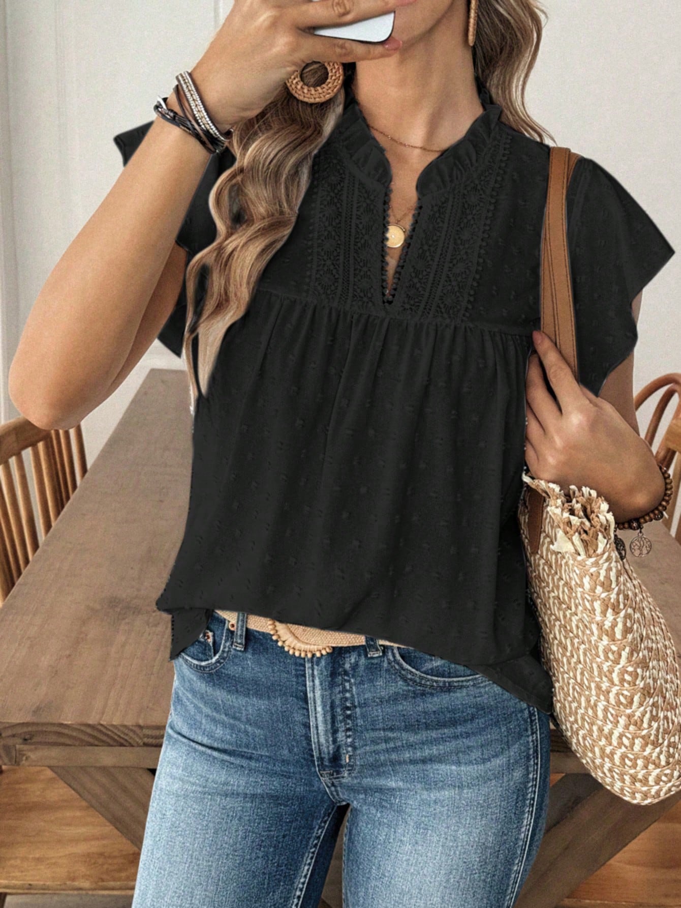 Louniche Blouse décontractée pour femmes de vacances, couleur unie, découpe — vue 4