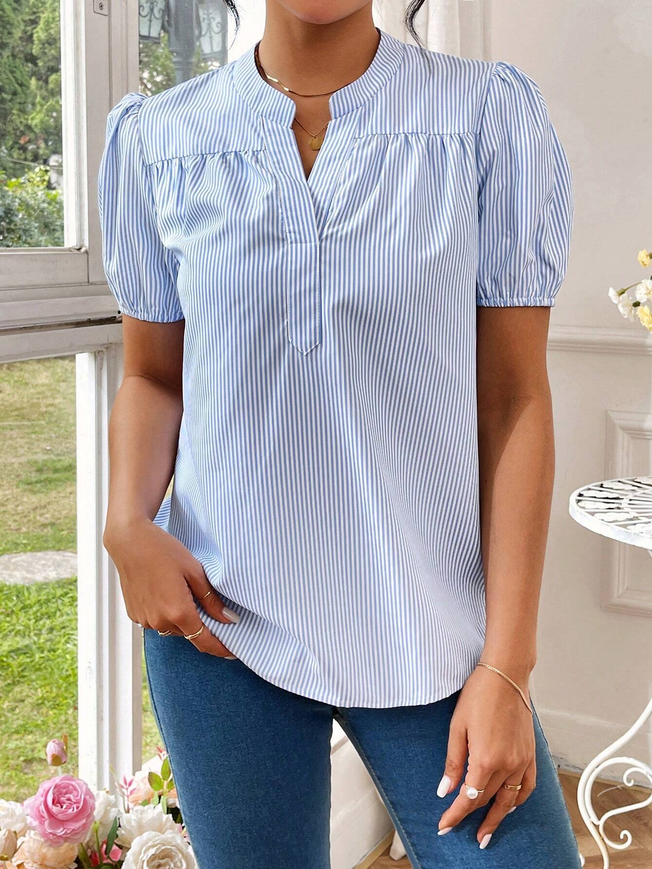 EMERY ROSE Blouse Rayée À Manches Courtes Bouffantes Avec Col Encoche — vue 5