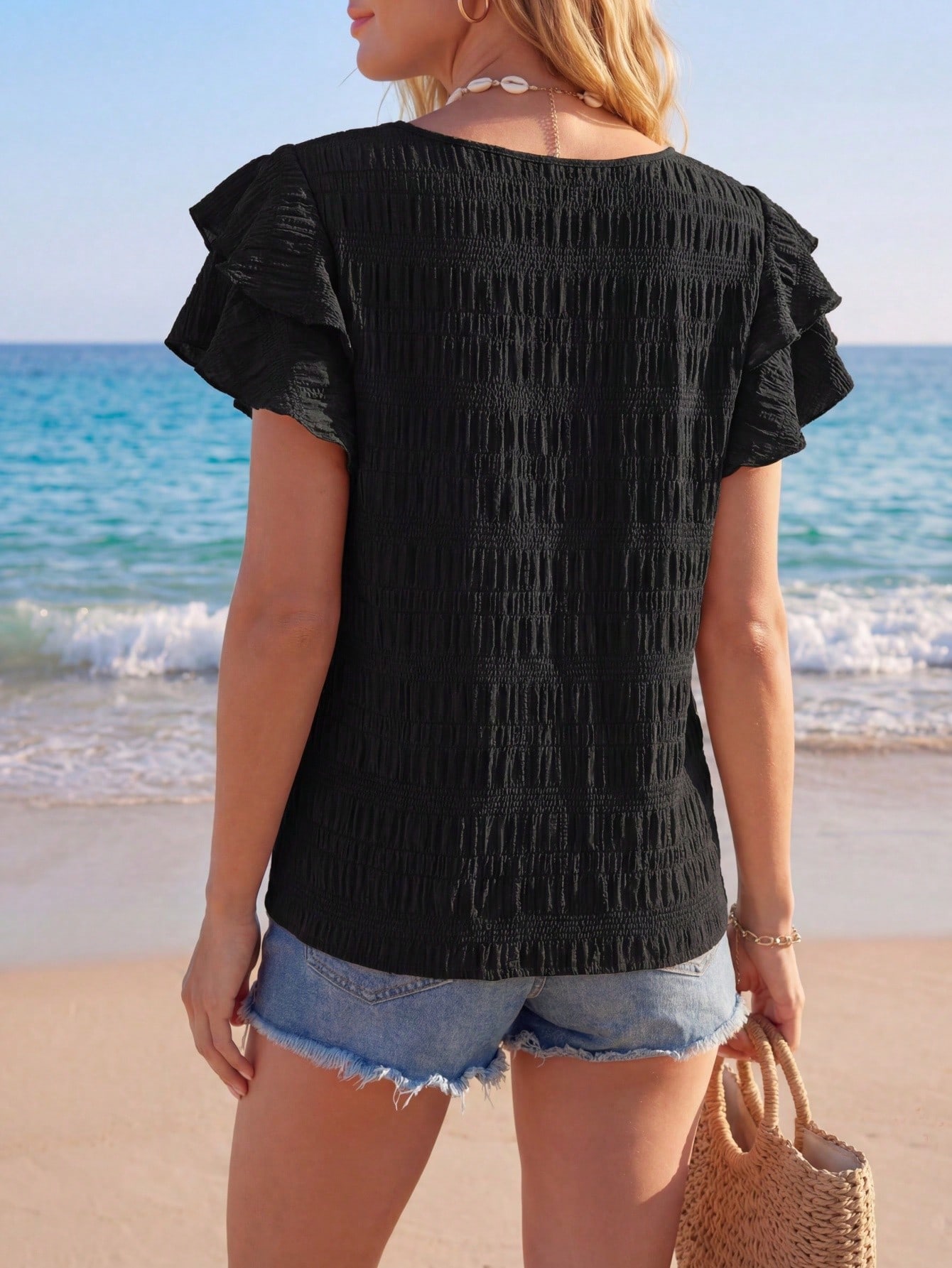 Sylviya Blouse d"été plissée ample à manches courtes et volantées en couleur unie col rond pour femme — vue 2
