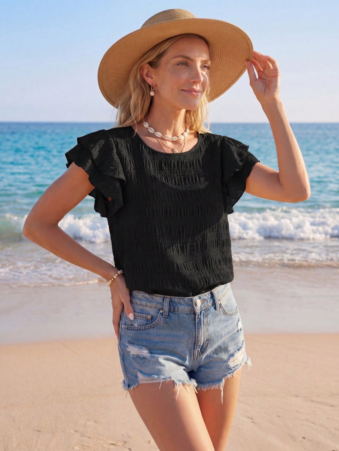 Sylviya Blouse d"été plissée ample à manches courtes et volantées en couleur unie col rond pour femme — vue 3