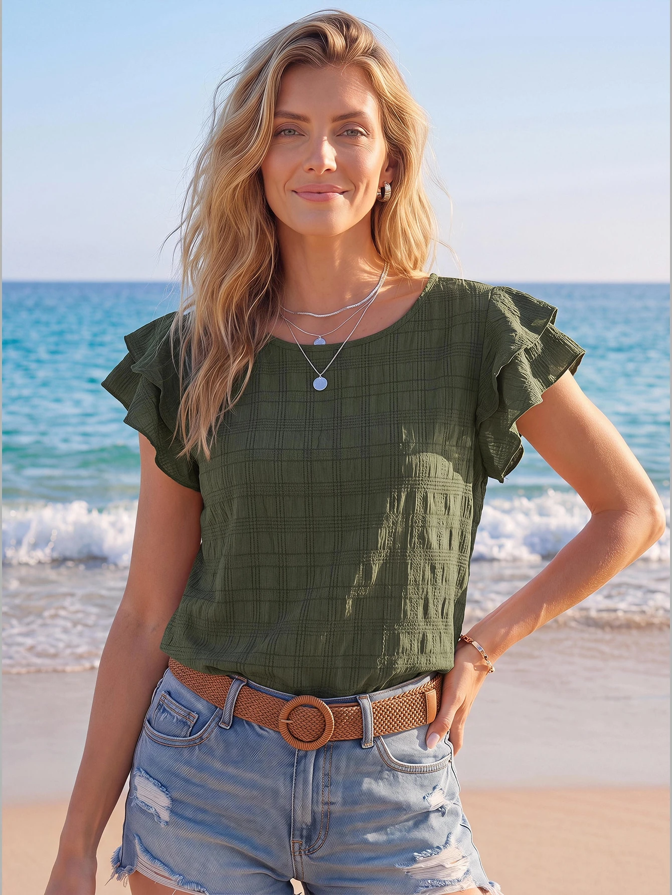 Sylviya Blouse d"été plissée ample à manches courtes et volantées en couleur unie col rond pour femme — vue 8