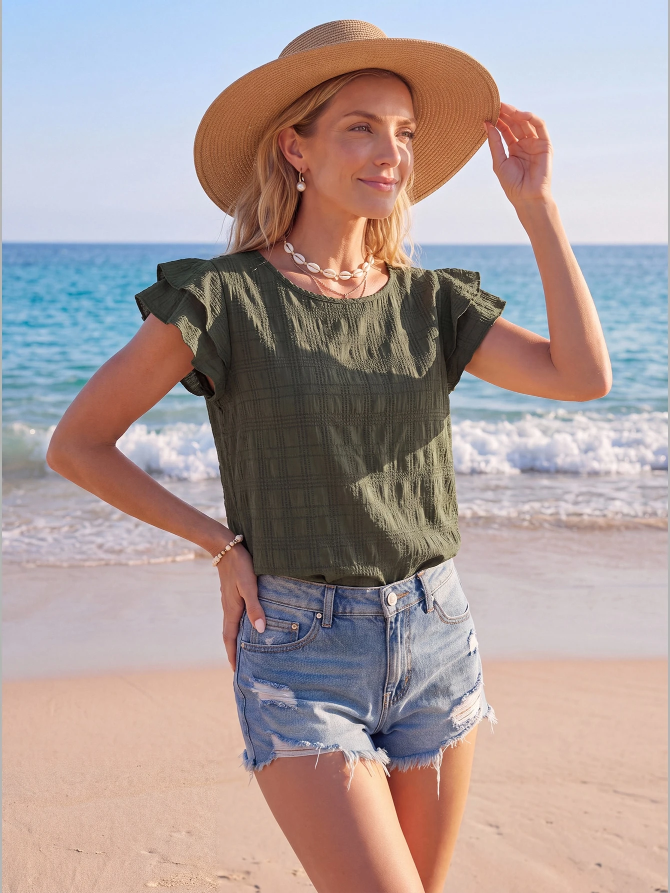 Sylviya Blouse d"été plissée ample à manches courtes et volantées en couleur unie col rond pour femme — vue 9