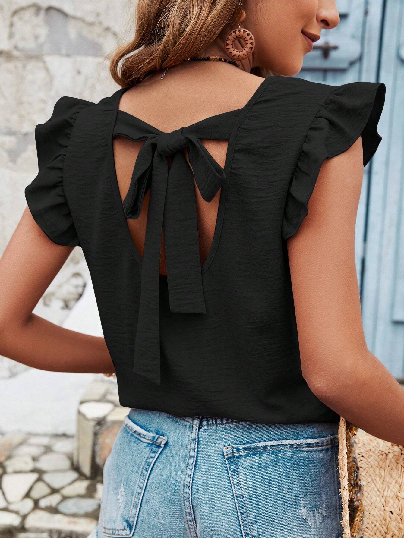 Frenchy Blouse d'été pour femmes, couleur unie, avec dos en croix, volants
