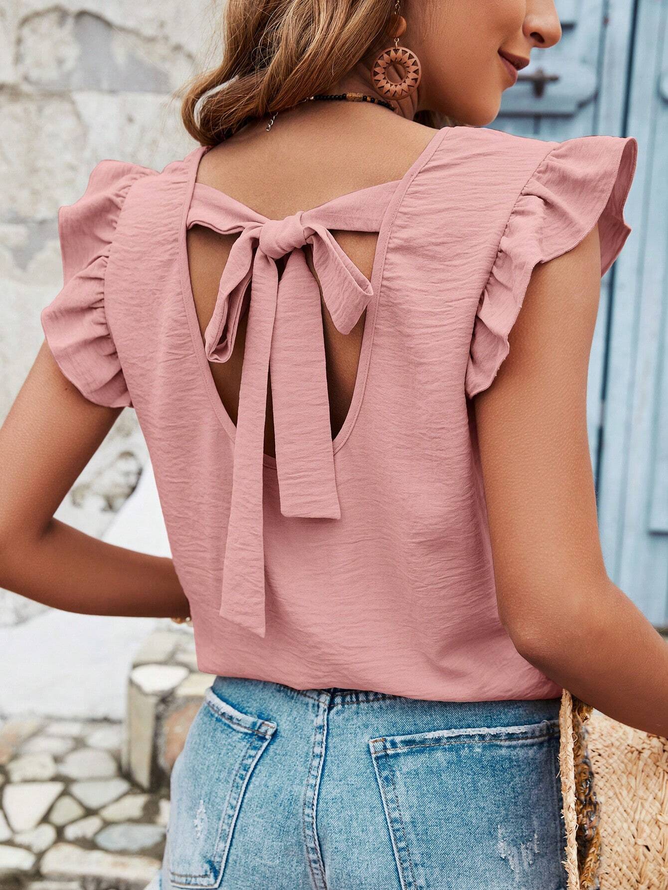 Frenchy Blouse d'été pour femmes, couleur unie, avec dos en croix, volants — vue 5