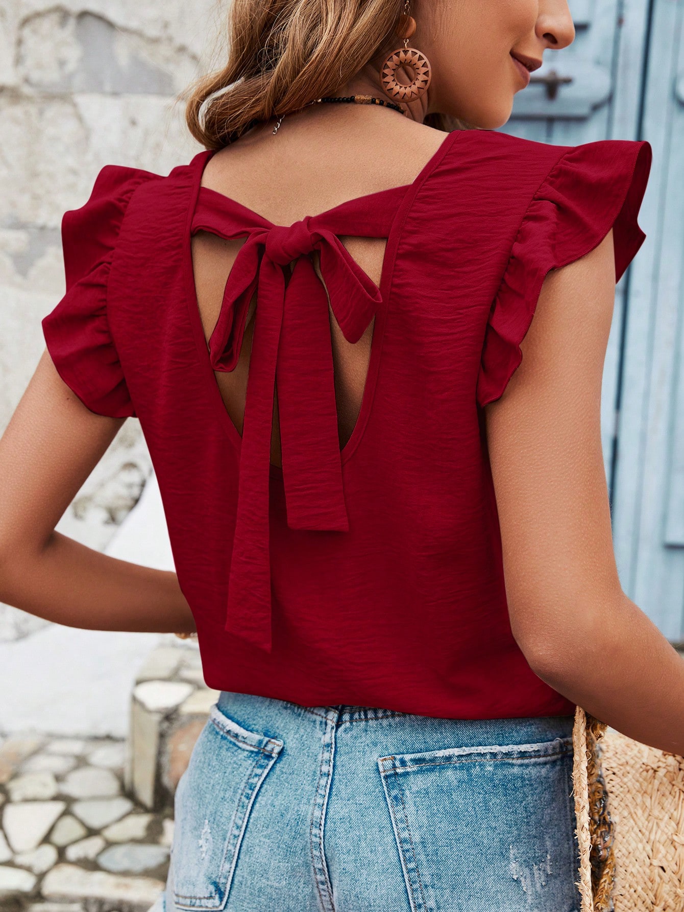 Frenchy Blouse d'été pour femmes, couleur unie, avec dos en croix, volants — vue 11