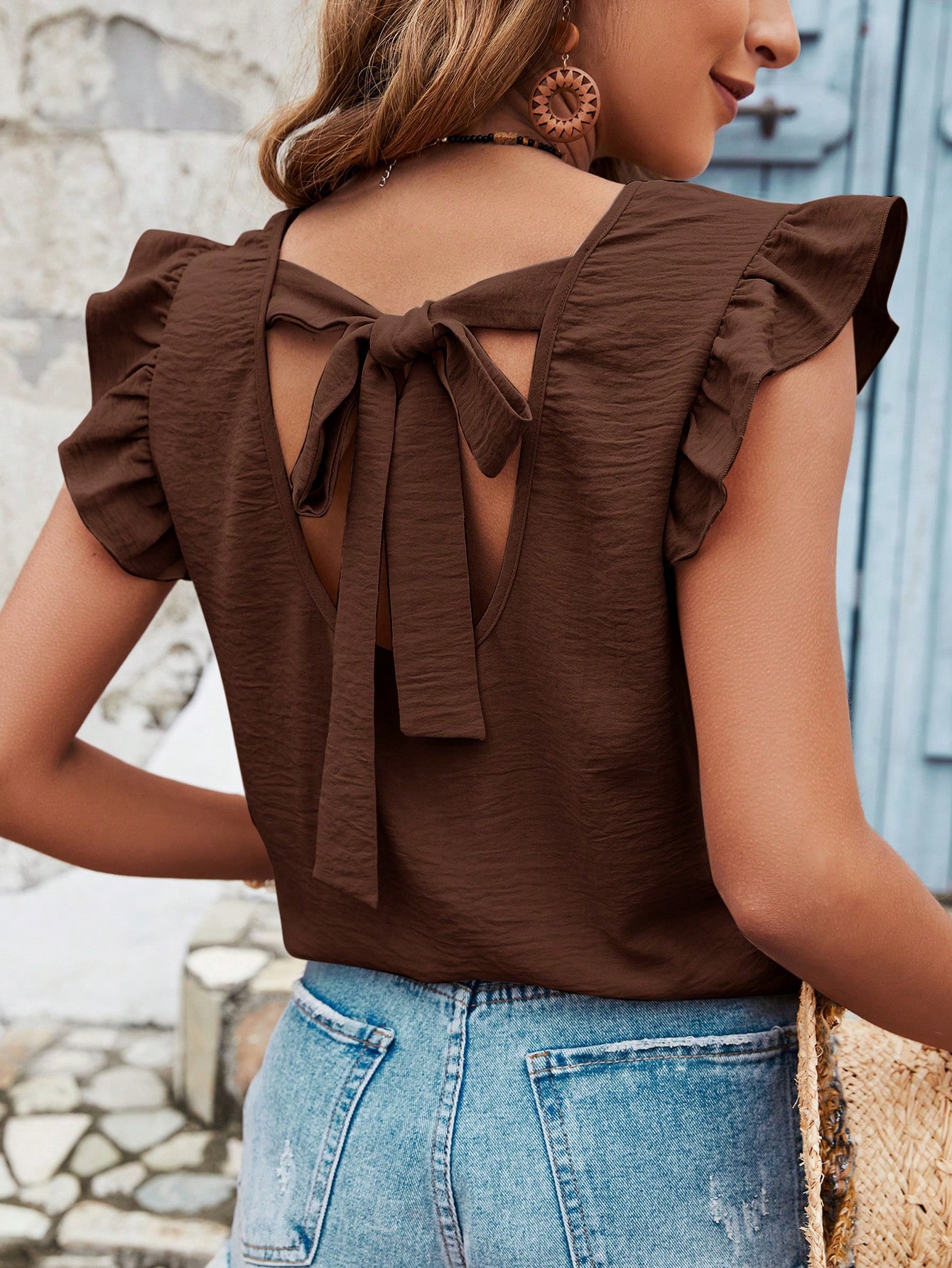 Frenchy Blouse d'été pour femmes, couleur unie, avec dos en croix, volants — vue 12