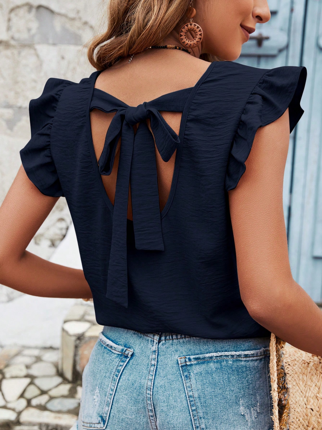 Frenchy Blouse d'été pour femmes, couleur unie, avec dos en croix, volants — vue 15
