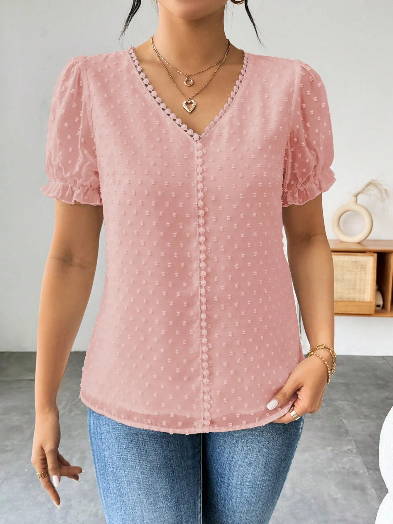 aivellea Blouse en mousseline de soie à pois français à la mode pour femmes, chemise élégante et intellectuelle à manches courtes avec design à volants pour l'été — vue 6