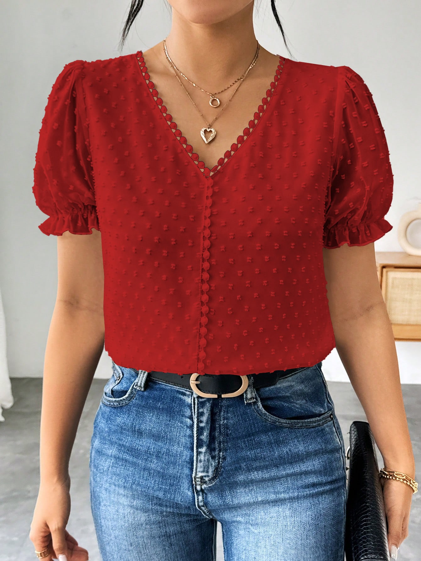 aivellea Blouse en mousseline de soie à pois français à la mode pour femmes, chemise élégante et intellectuelle à manches courtes avec design à volants pour l'été — vue 8