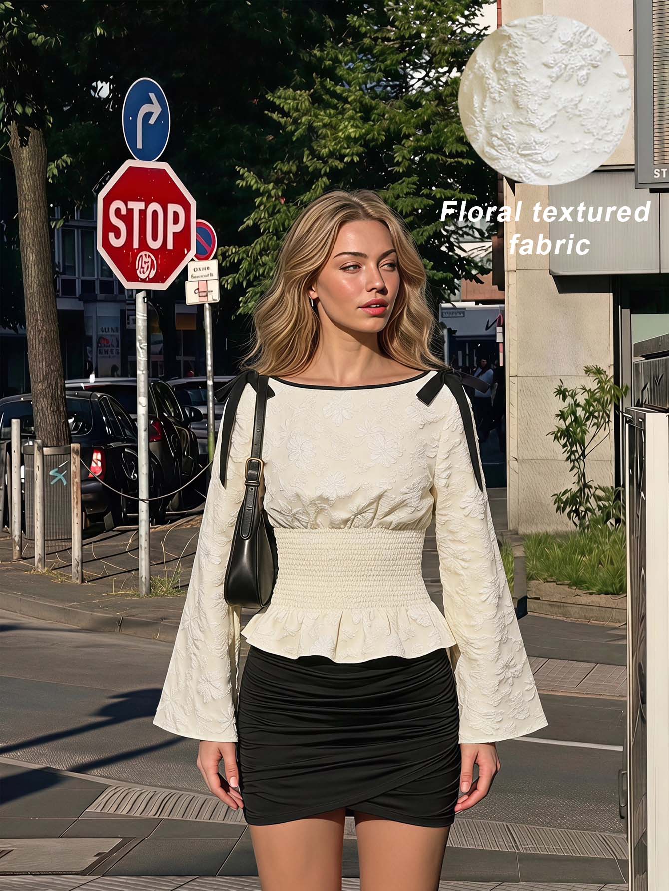 MOD Blouse mode à manches évasées avec nœud décoratif et taille cintrée, — vue 8