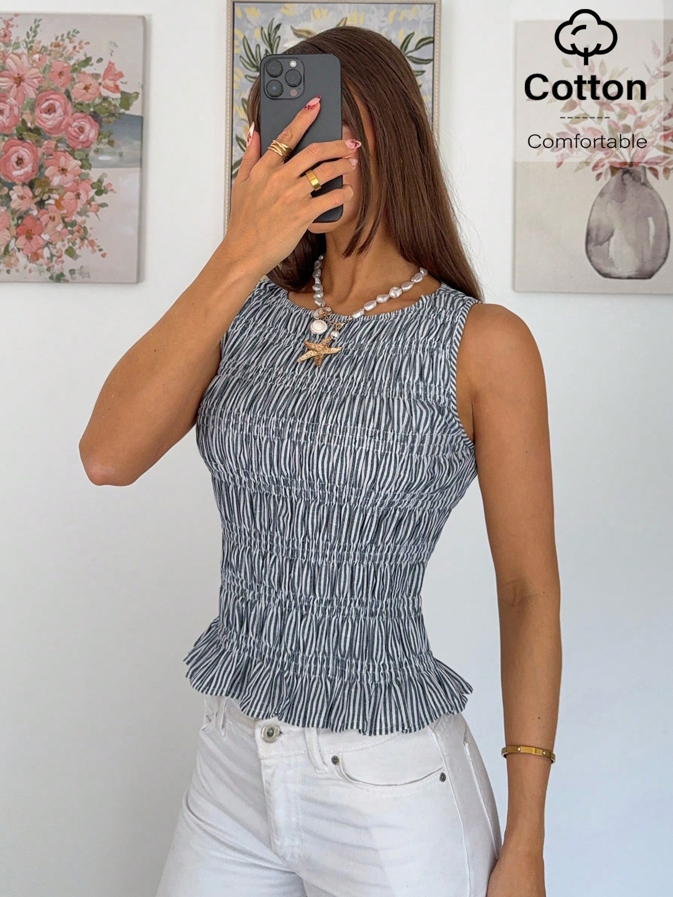 Siren Gaze Débardeur en coton slim à col bénitier avec imprimé rayures, bleu et blanc, — vue 4