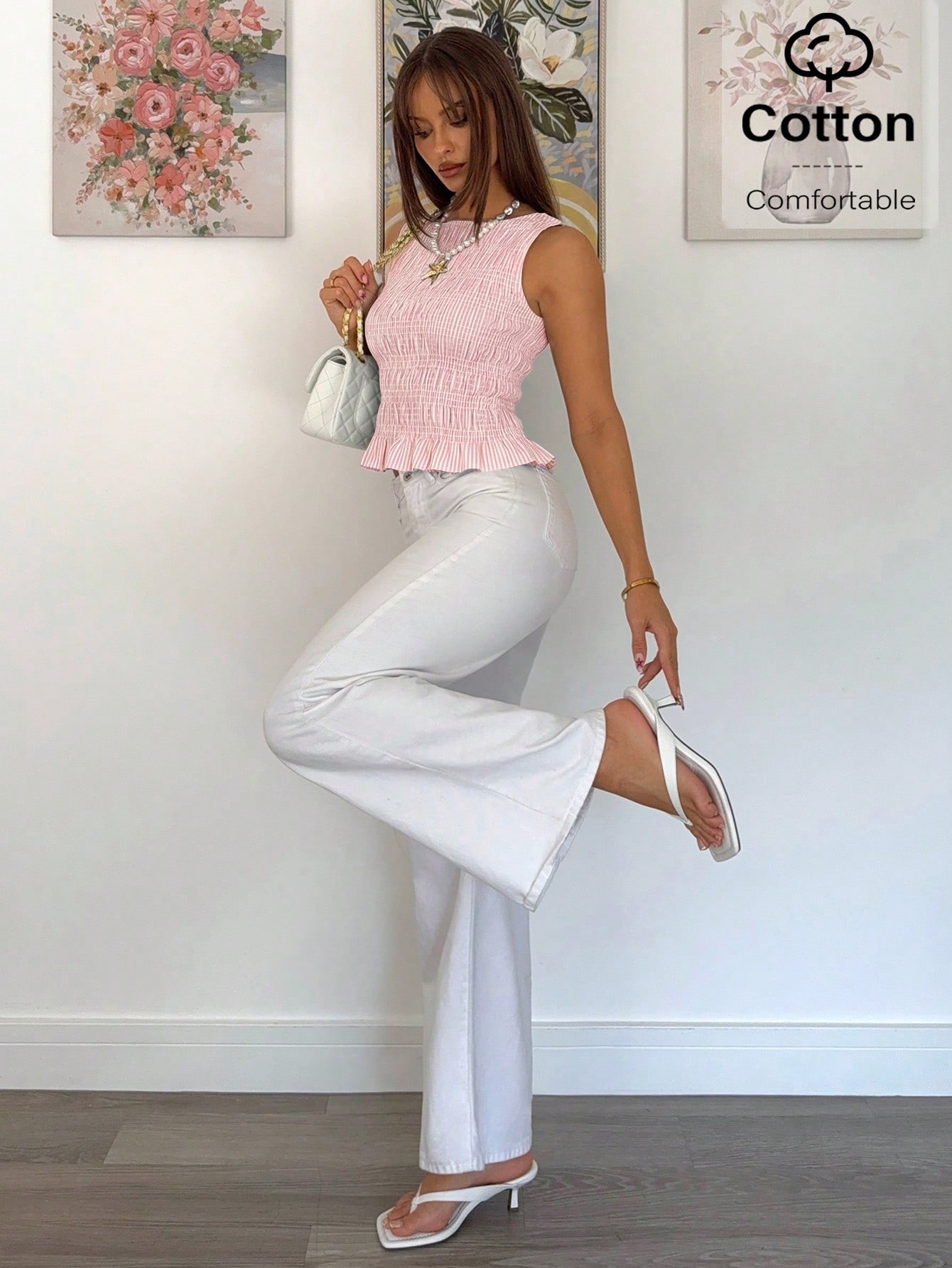 Siren Gaze Débardeur en coton slim à col bénitier avec imprimé rayures, bleu et blanc, — vue 6