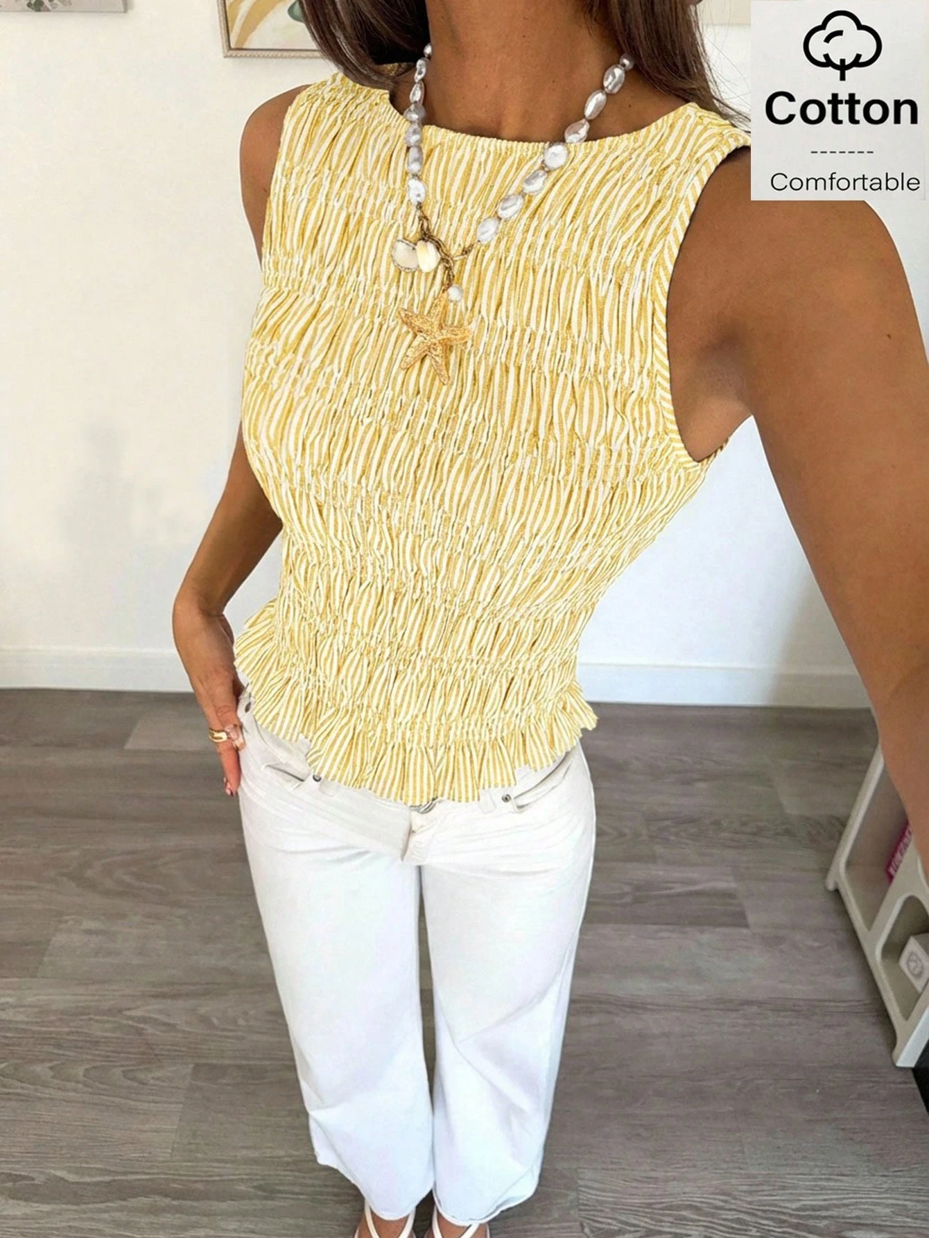 Siren Gaze Débardeur en coton slim à col bénitier avec imprimé rayures, bleu et blanc, — vue 12