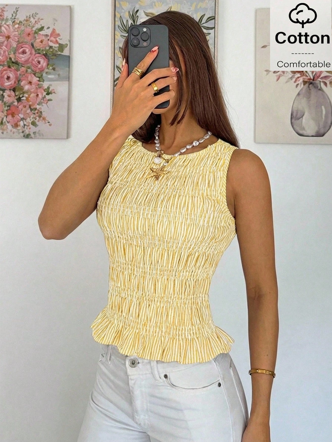 Siren Gaze Débardeur en coton slim à col bénitier avec imprimé rayures, bleu et blanc, — vue 14