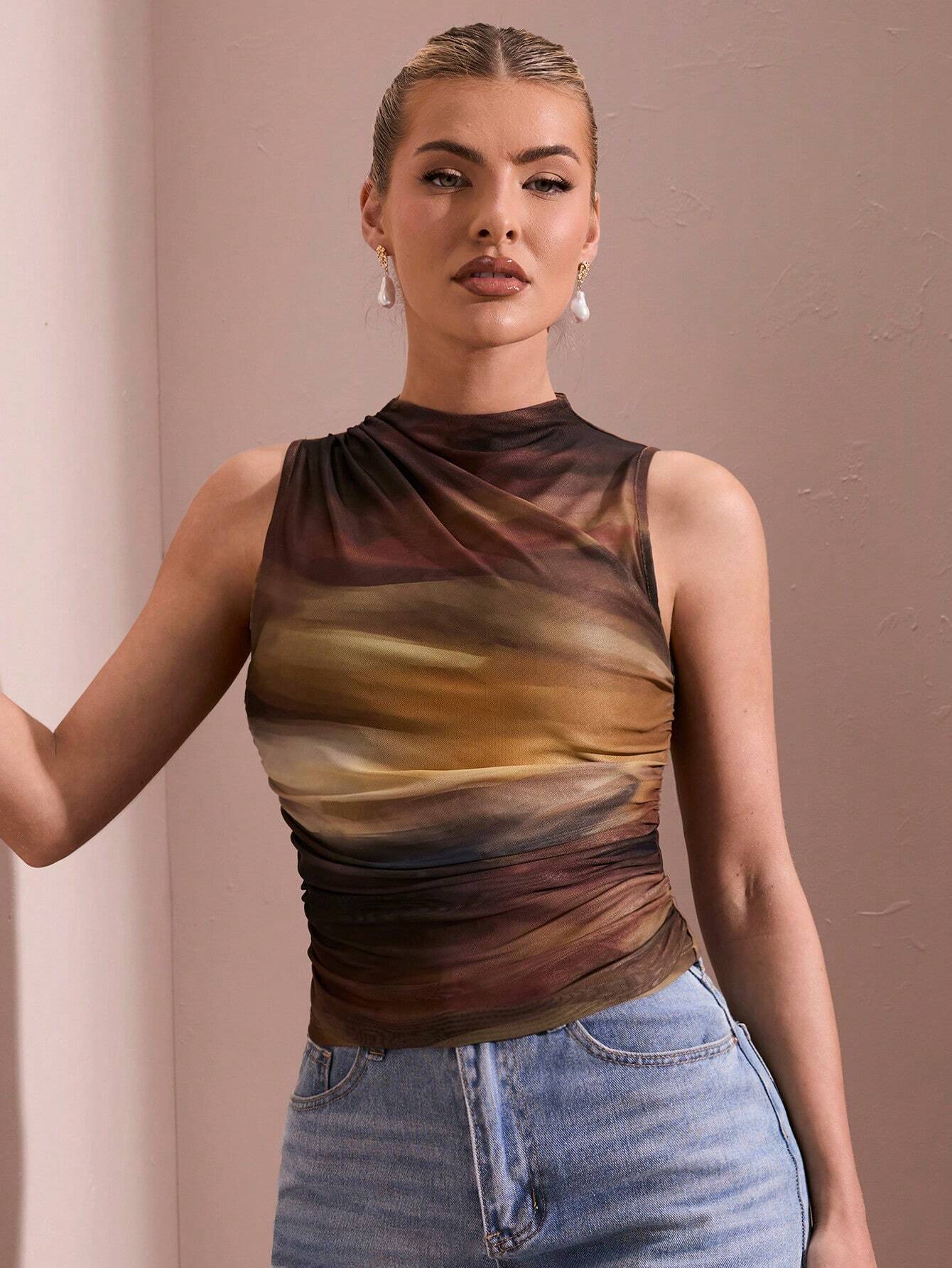 BAE Débardeur plissé asymétrique à imprimé de fleurs ombrées pour femmes — vue 3