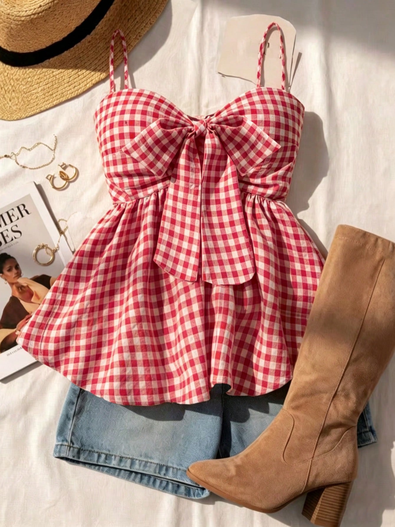 Débardeur camisole d'été pour femmes, débardeur à bretelles à carreaux pour vacances d'été, remise — vue 3