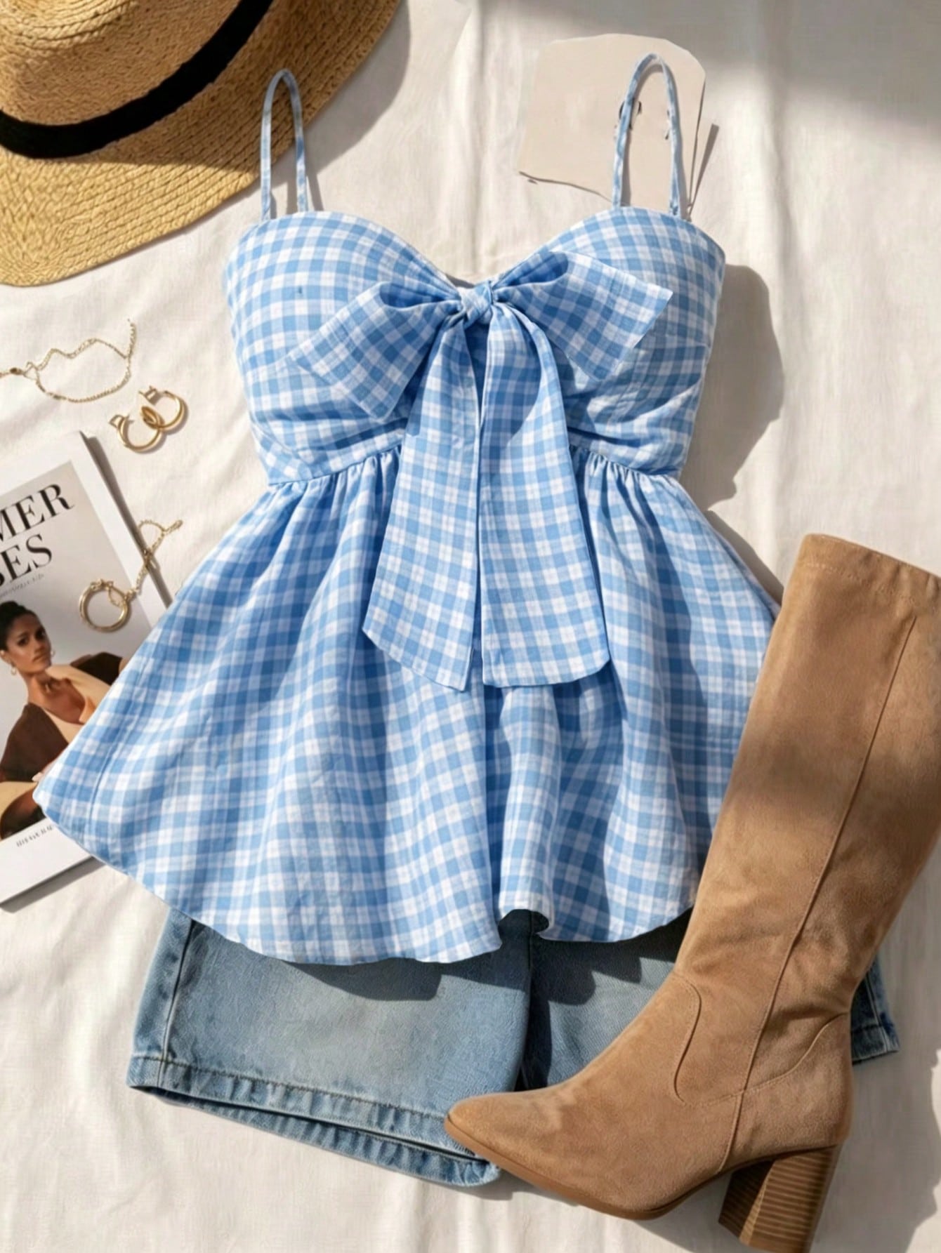 Débardeur camisole d'été pour femmes, débardeur à bretelles à carreaux pour vacances d'été, remise — vue 5