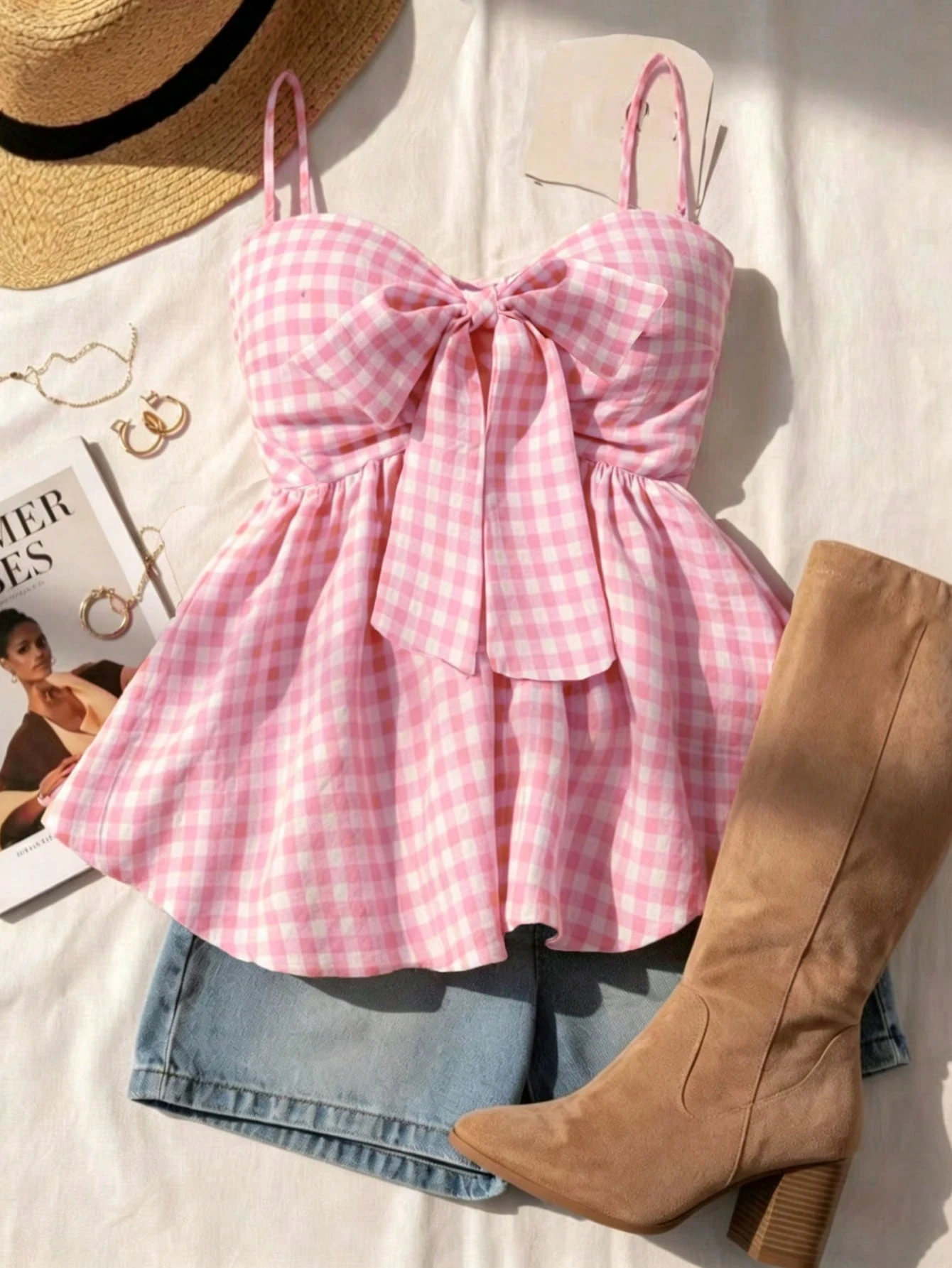 Débardeur camisole d'été pour femmes, débardeur à bretelles à carreaux pour vacances d'été, remise — vue 6
