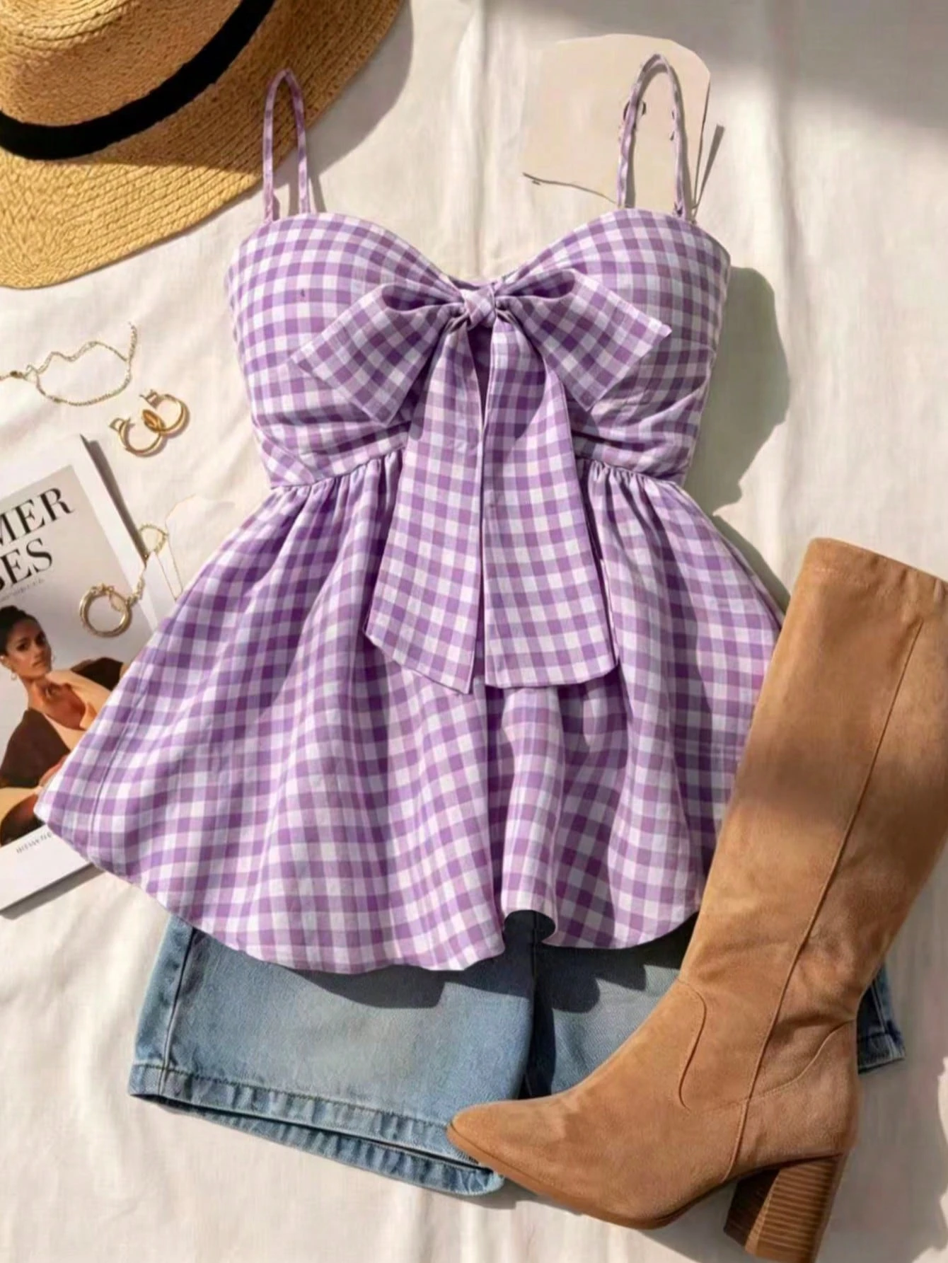 Débardeur camisole d'été pour femmes, débardeur à bretelles à carreaux pour vacances d'été, remise — vue 7